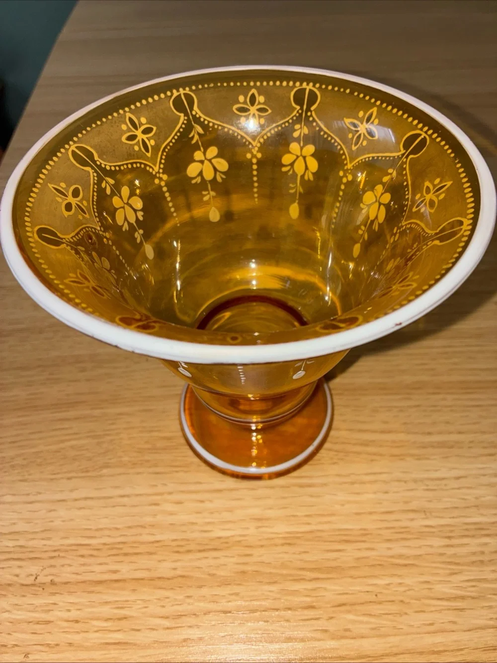 Amber Glass Pedestal Vase with White Hand-Painted Floral Design
